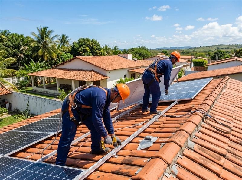 Equipe técnica instalando painéis solares no telhado