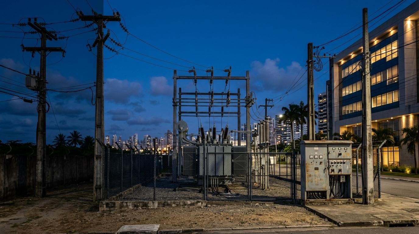 Rede de distribuição, subestação, painel de medição e edifício comercial à noite